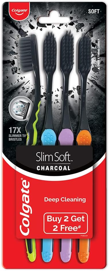 Colgate Slim Soft Charcoal Toothbrush Pack of 4 - Gentle & Effective