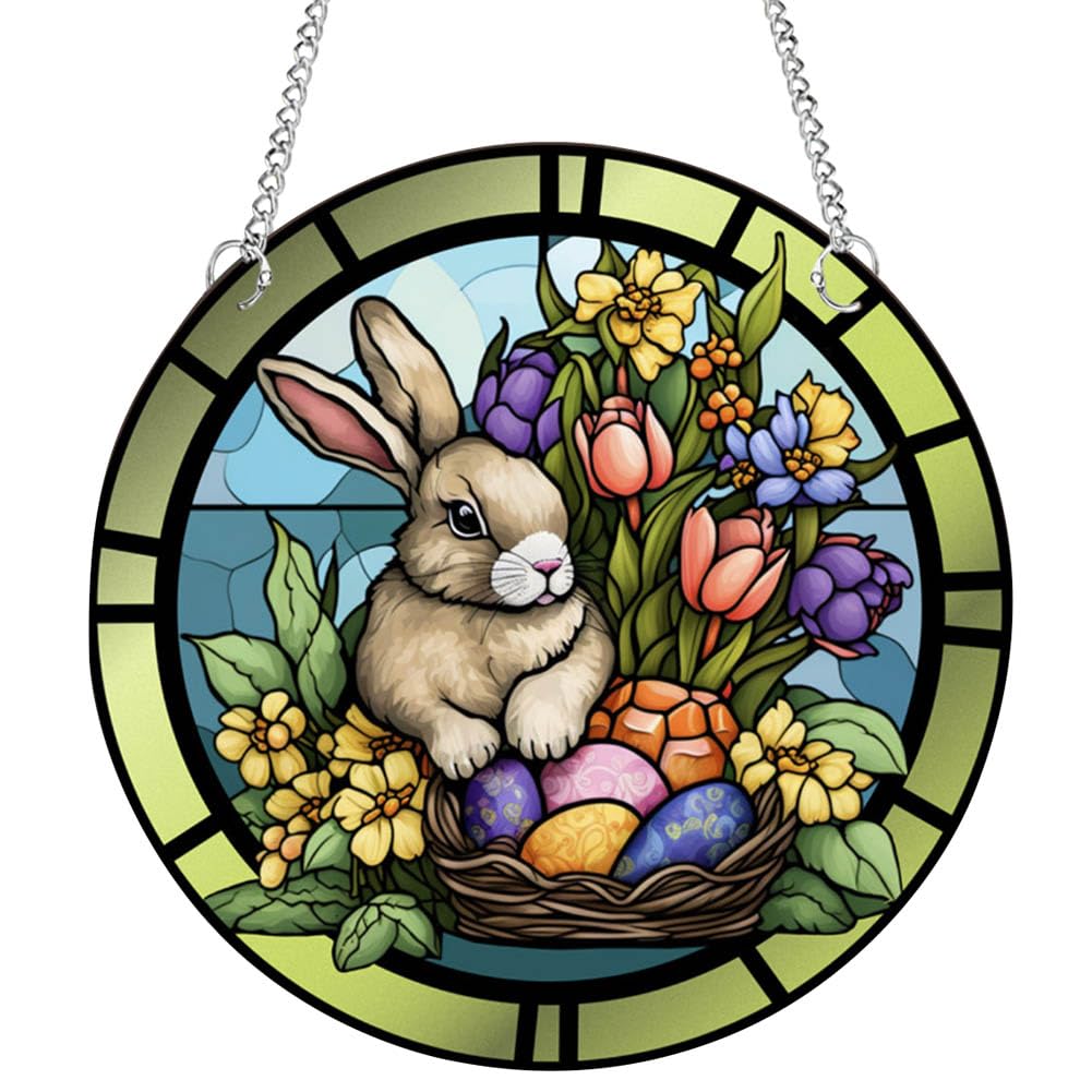 Easter Rabbit Sun catcher Stained Acrylic Window Hangings Ornament 11.8 Inch Rabbit Art Acrylic Panel for Spring Easter Home Wall Garden Door Decorations,Style A