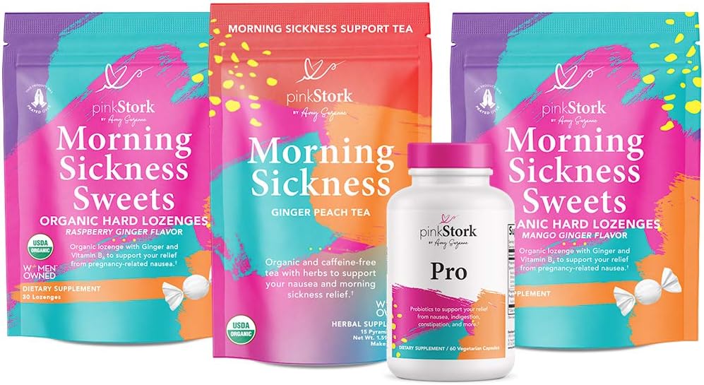 Pink Stork Morning Sickness Bundle: Nausea Relief Candy with Prenatal Vitamins + Ginger Tea + Vitamin B Complex + Probiotics, Women-Owned: Health & Personal Care