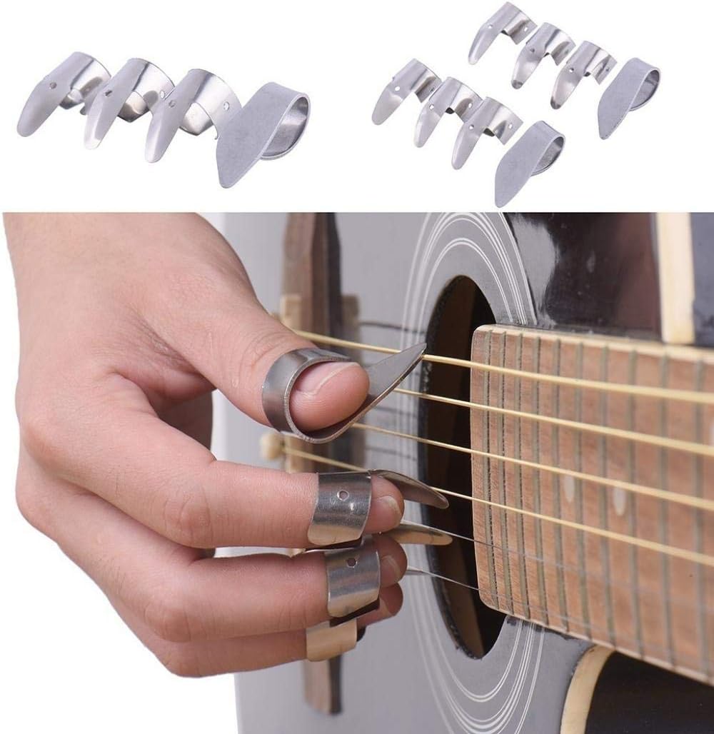 1 Thumb with 3 Finger Metal Nail Picks Open Design for Banjo Ukulele Guitar - Silver
