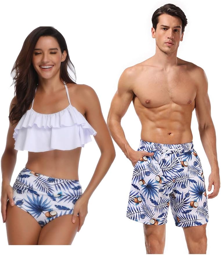 matching swim trunks and bikini
