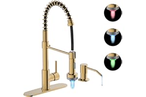 Casavilla LED Kitchen Faucet, Brushed Gold Kitchen Faucet with Soap Dispenser and Deck Plate, Faucet for Camper Farmhouse RV Kitchen Sink, Single Handle Kitchen Sink Faucets with Pull Down Sprayer
