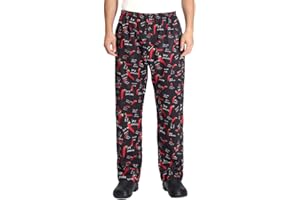 NACHVORN Men's Elastic Baggy Chef's Pants Floral Restaurant Work Pant and Cook Pant Uniform