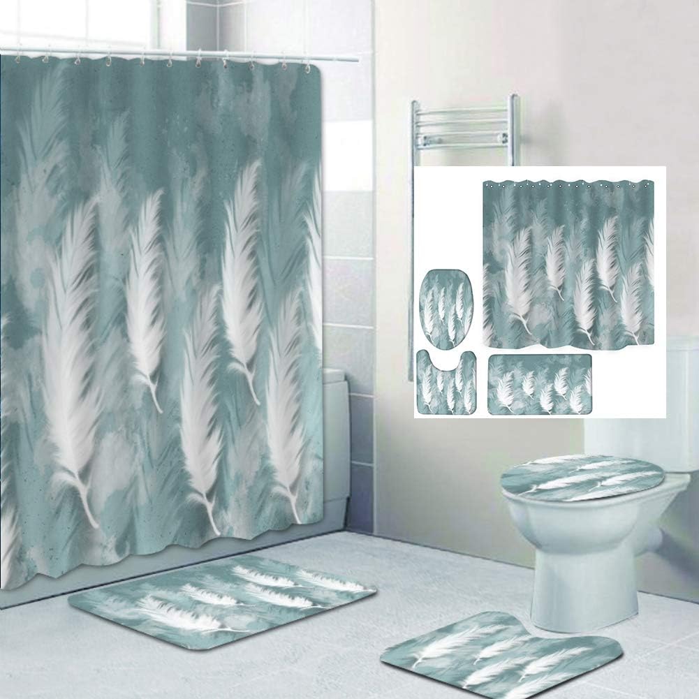 WAINEO Animal Scenery Printed Pattern Shower Curtain Set，4 Pcs Shower Curtain/Non-Slip Bathroom Rugs/Lid Toilet Cover/Bath Mat with 12 Hooks, Bathroom Sets Decor