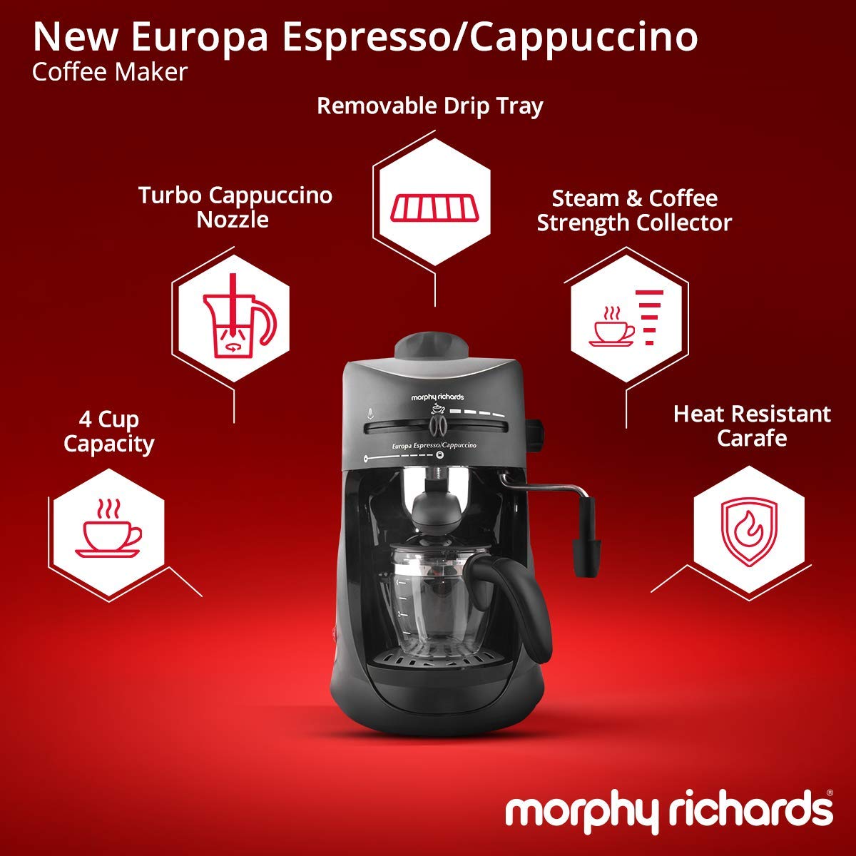 Espresso and Cappuccino 4Cup Coffee Maker 800Watt Morphy Richards