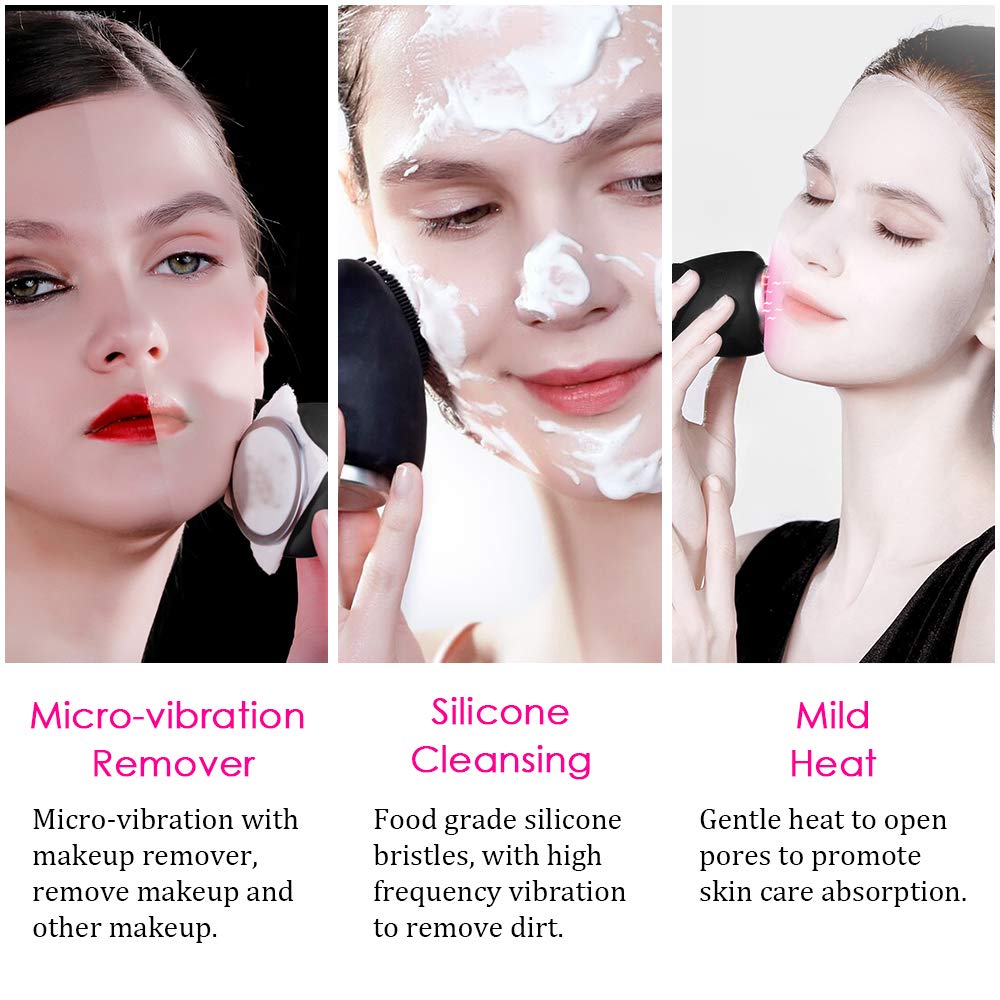 5 in 1 Facial Cleansing Brush Waterproof Rechargeable Mini Silicone Massager for Deep Face Cleansing Reducing Blackhead Acne Anti-Aging Exfoliating Phototherapy Beauty Instrument(black)