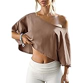 Fisoew Womens Off The Shoulder Cropped Tops Batwing Short Sleeve Workout Shirts Asymmetrical Neck Summer Casual T Shirts