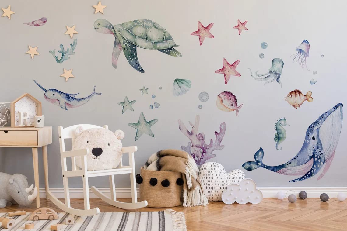Ocean Wall Decal, Watercolor Decal Set, Nursery, Peel and Stick, Nursery Wall Sticker