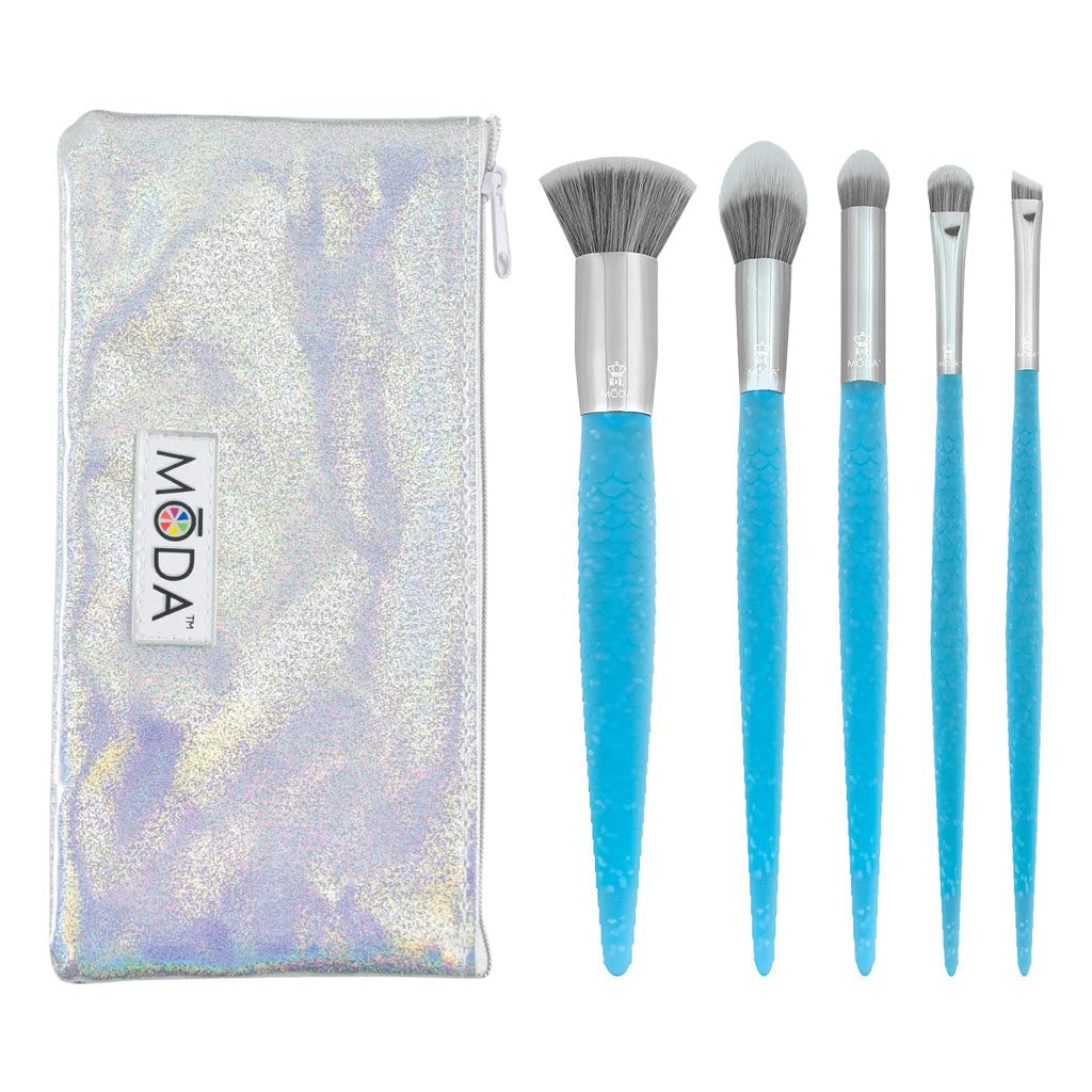 MODA Royal & Langnickel Full Size Mythical Blue Fire 6pc Makeup Brush Set with Pouch, Includes - Flat Kabuki, Accentuate, Small Eye Shader, Super Crease, and Line Brushes, Blue