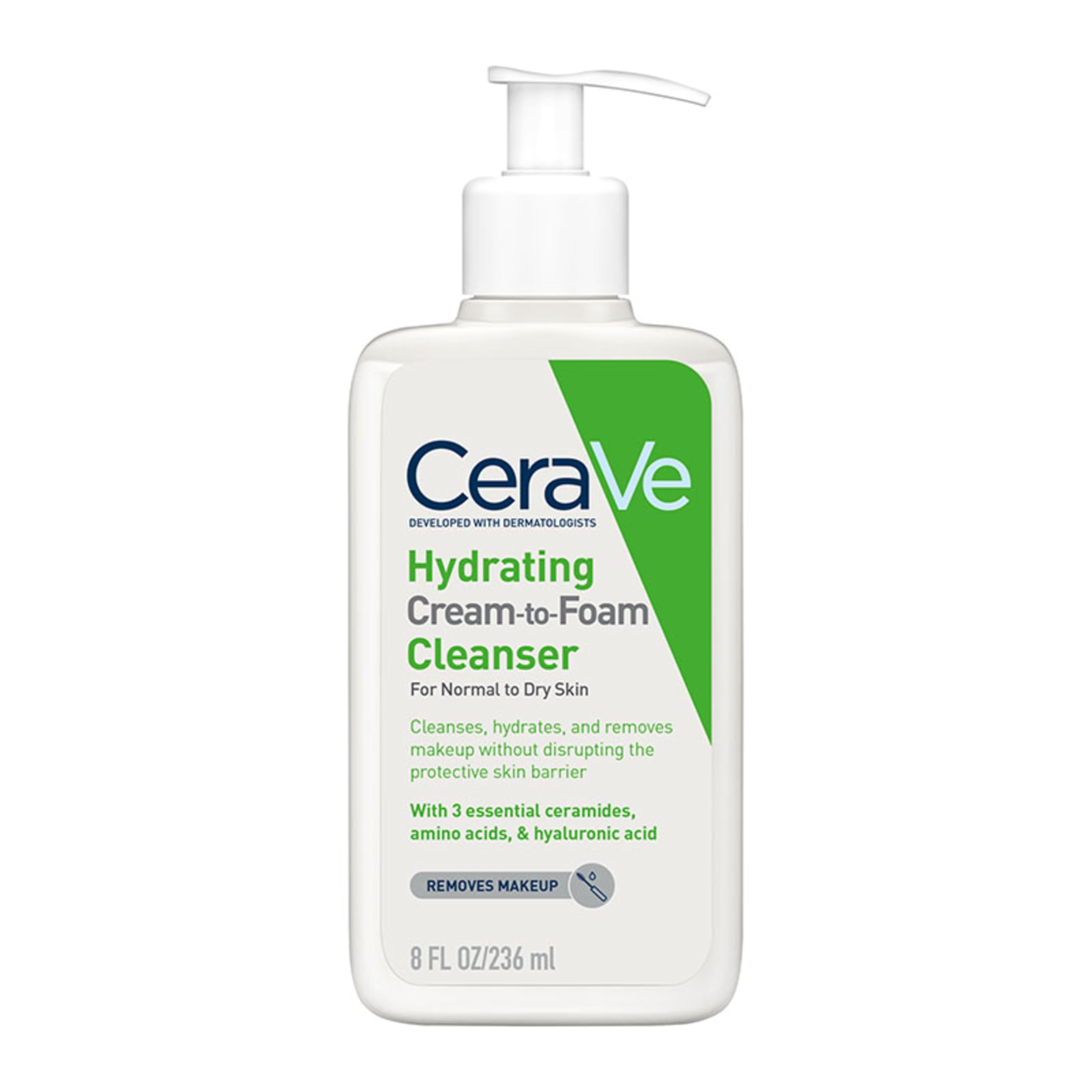 CeraVe Cream-to-Foam Cleanser With Amino Acids, 3 Essential Ceramides, Hyaluronic Acid, MVE Technology, For Normal to Dry Skin, Fragrance Free, Non-Comedogenic, 236ml