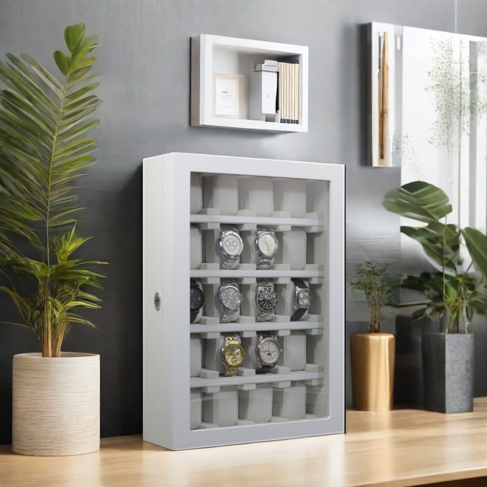 TIMELYBUYS Personalized 20 Slot White Wood Watch Display Wall Hanging Case and Storage Organizer Box and Stand for Oversized Watches
