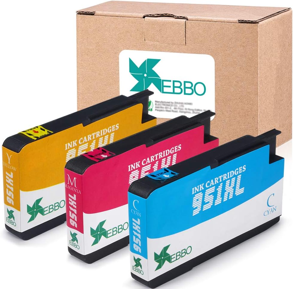 EBBO Compatible Ink Cartridges Replacement for HP 951XL 951 XL Compatible with Officejet Pro 8610 8600 8620 8630 8100 8625 8615 8640 8660 251DW 276DW 271DW Printer (Cyan, Magenta, Yellow, 3-Pack)