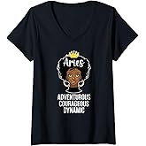 Womens Proud Black Aries Zodiac Sign Melanin Aries Birthday V-Neck T-Shirt