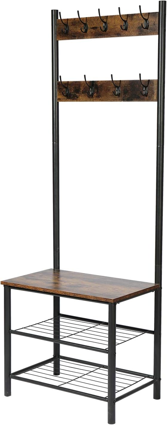 CHADIOR, Shoe Bench, Industrial Hall Tree, Entryway Storage Shelf Stand with Hooks, Wood Look Accent Furniture, 3-in-1 Design Easy Assembly Coat Racks, Neutral: Furniture & Decor