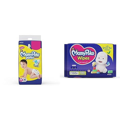 Mamypoko Pants Standard Diapers, Medium (Pack of 36) & MamyPoko Wipes with Green Tea Essence - Pack of 100 * 2 Wipes with Fragrance (100 * 2 = 200 Wipes)