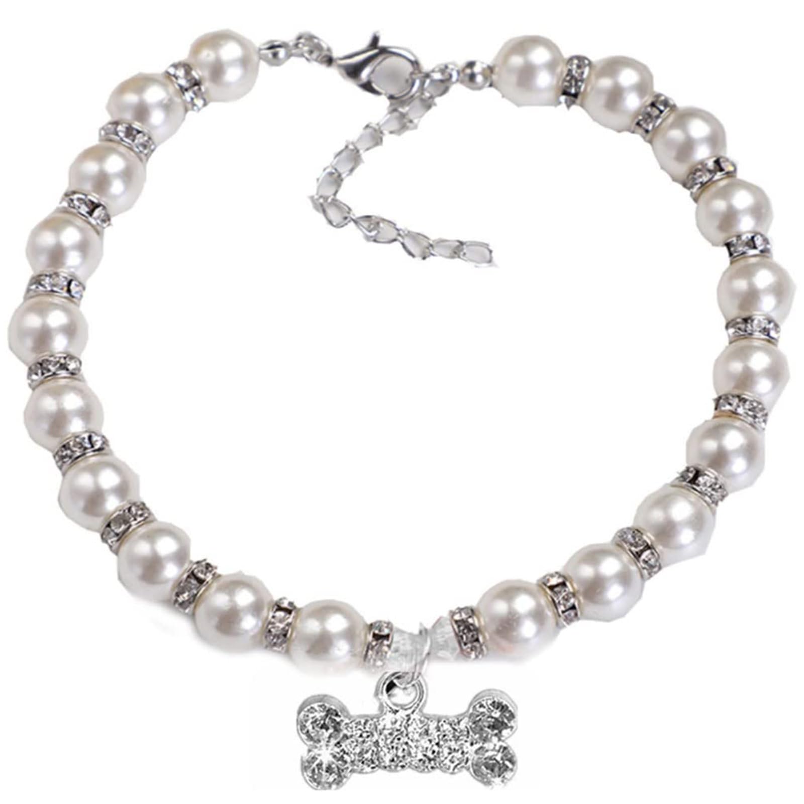 Pet Pearl Necklace Adjustable Diamond Studded Dog Bone Pendant Dog Jewelry Collar, White
