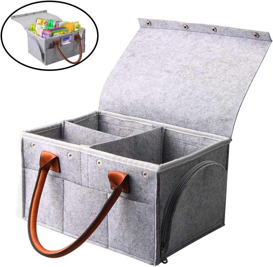 Baby Diaper Caddy Organizer with Dust Cover | Portable Nursery Storage Bin | Gift Registry Baby Shower | Infant Portable Car Travel Organizer (Gray)