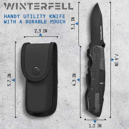 Multitool Knife by Winterfell - Multipurpose Folding Pocket Knife Kit - Durable Stainless Steel - Includes 9-in-1 Bit Set, Pouch, Bottle Opener, Plier, Saw Blade - Outdoor Survival Multi Tool (Black)