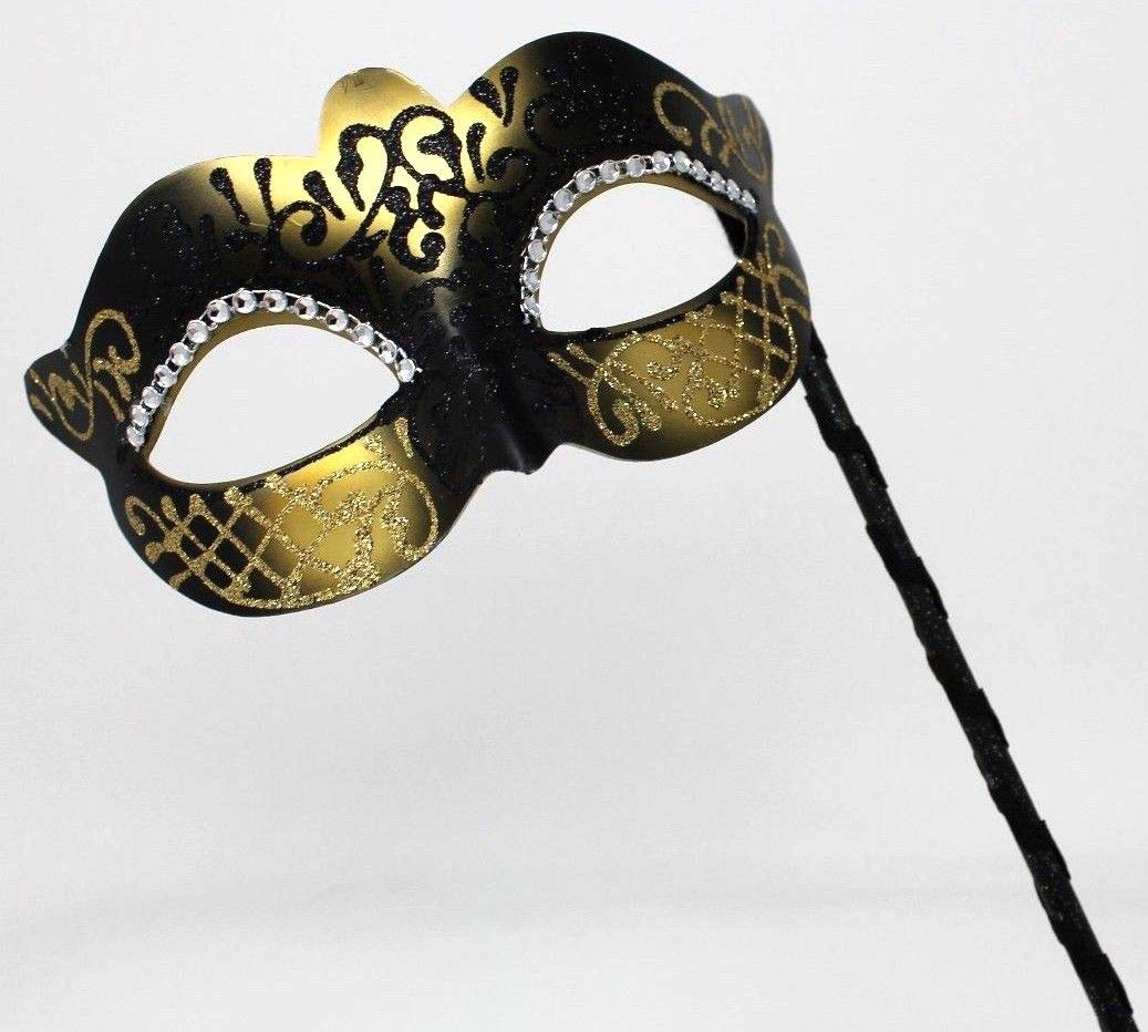 LADIES BLACK & GOLD CRYSTAL JEWELLED EYES VENETIAN MASQUERADE CARNIVAL PARTY EYE BALL MASK ON A STICK