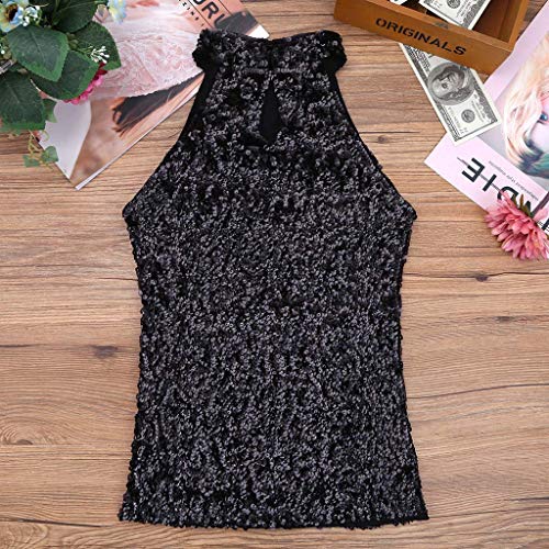 Usstore Women Sequins High Neck Tank Tops Sexy Fashion Shimmer Flashy Embellished Sparkle Nightclub Dance Vest (Free Size, Black)