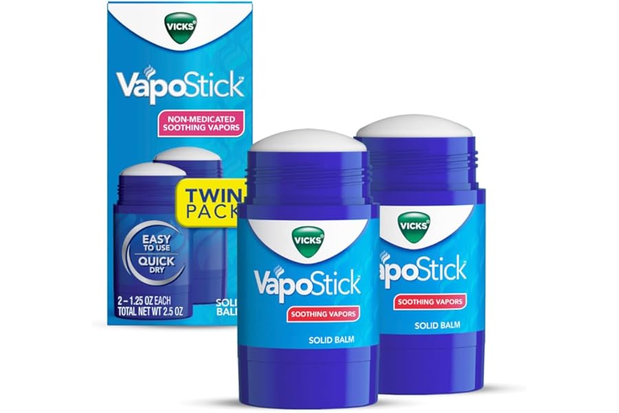 Vicks VapoStick, Solid Balm, No Mess, Soothing Non-Medicated Vicks Vapors, Easy-To-Use No-Touch Applicator, Quick Dry, Lightweight Skin Feel, 1.25oz x 2