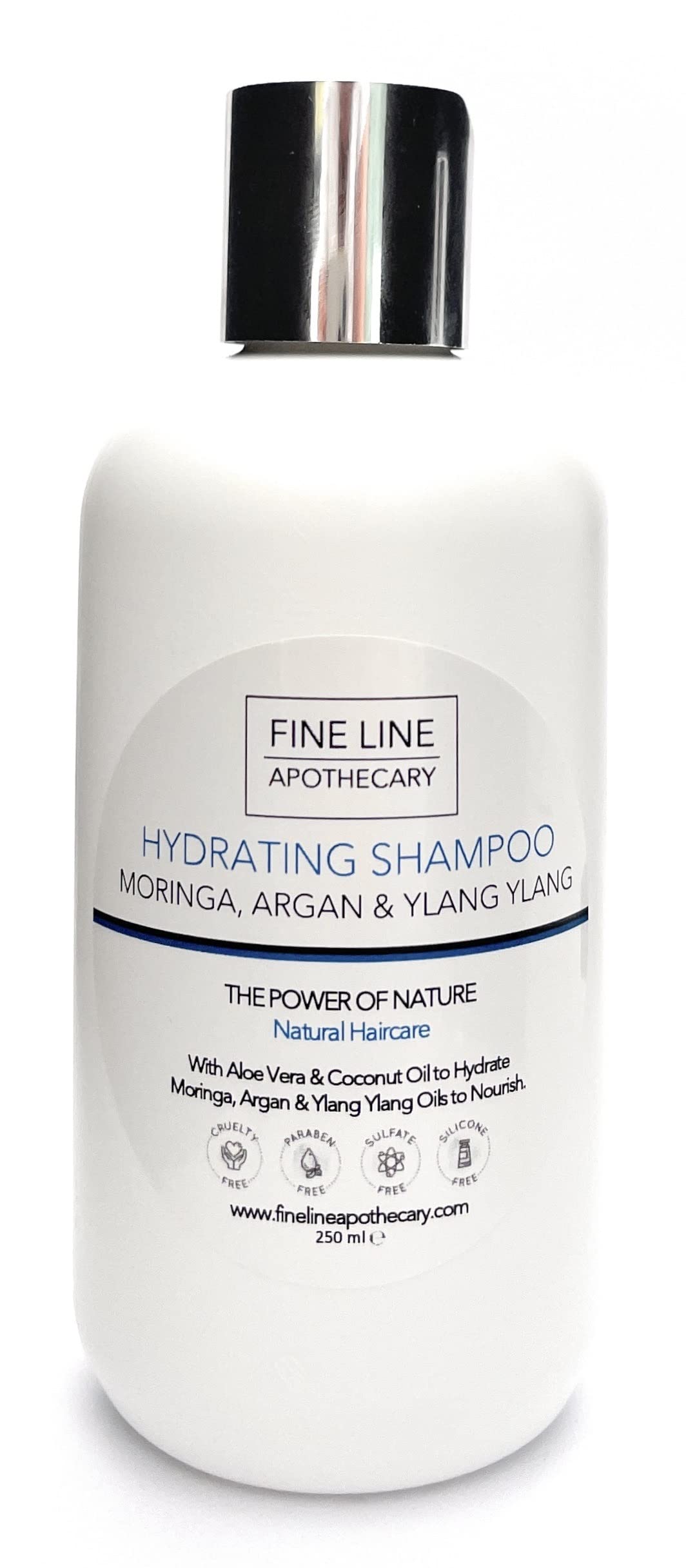 Fine Line Apothecary - Hydrating Shampoo - 99% Natural - Aloe Vera, Moringa, Argan, Yang Ylang. Sulfate/Parabens Free. Gentle, Concentrated. pH 5.5 For Sensitive Skin. 250ml