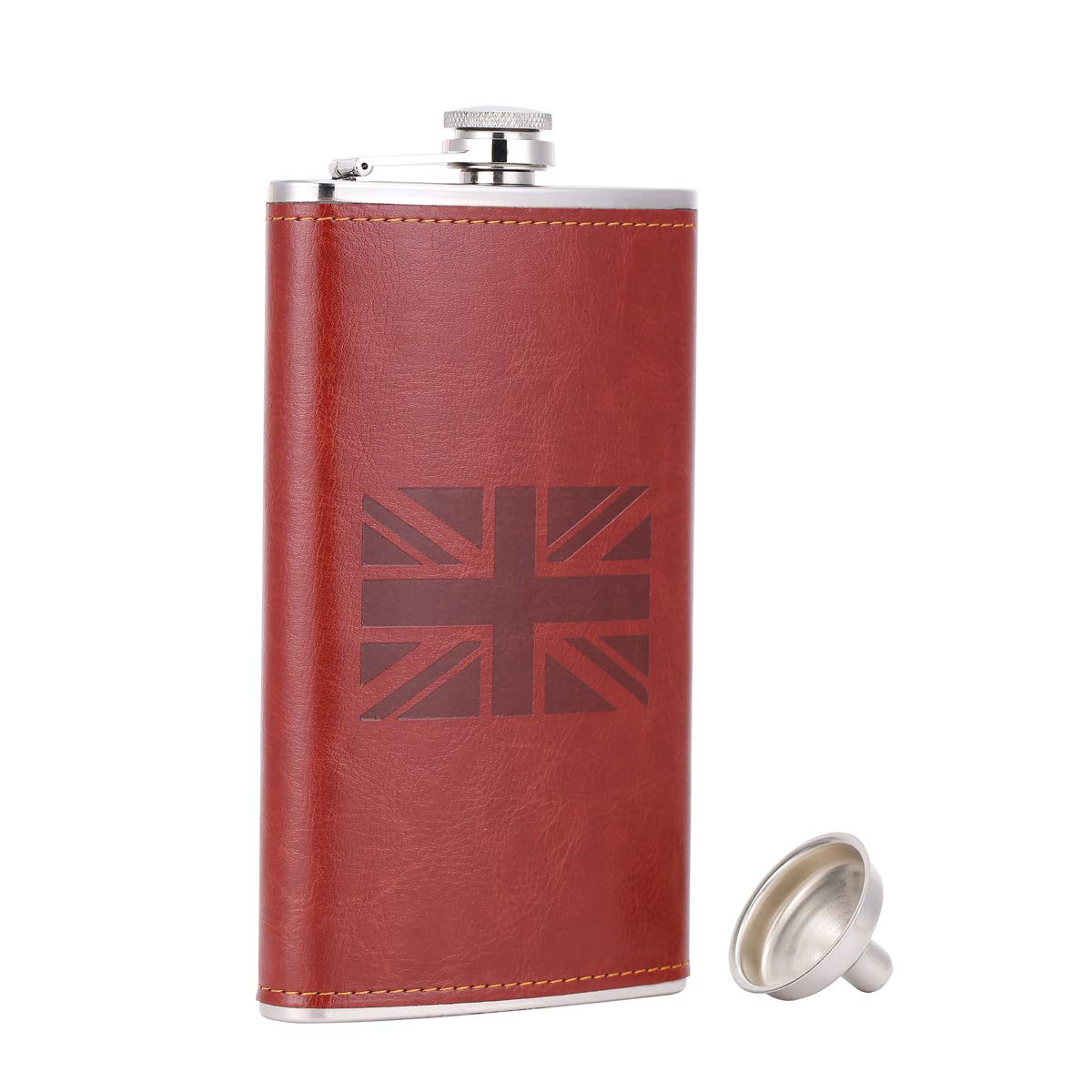 TANEAXON British Flag UK 12 oz Red-Brown Pocket Whiskey Leather Wrapped Flasks for Liquor with Funnel and Box - Stainless Steel and Leak Proof