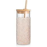 Tronco 20 oz Glass Tumbler with Lid and Straw, Iced Coffee Cup and Smoothie Cup with Bamboo Lids & Protective Silicone Sleeve, Dishwasher Safe, BPA-Free, Glass Cup 1 Pack