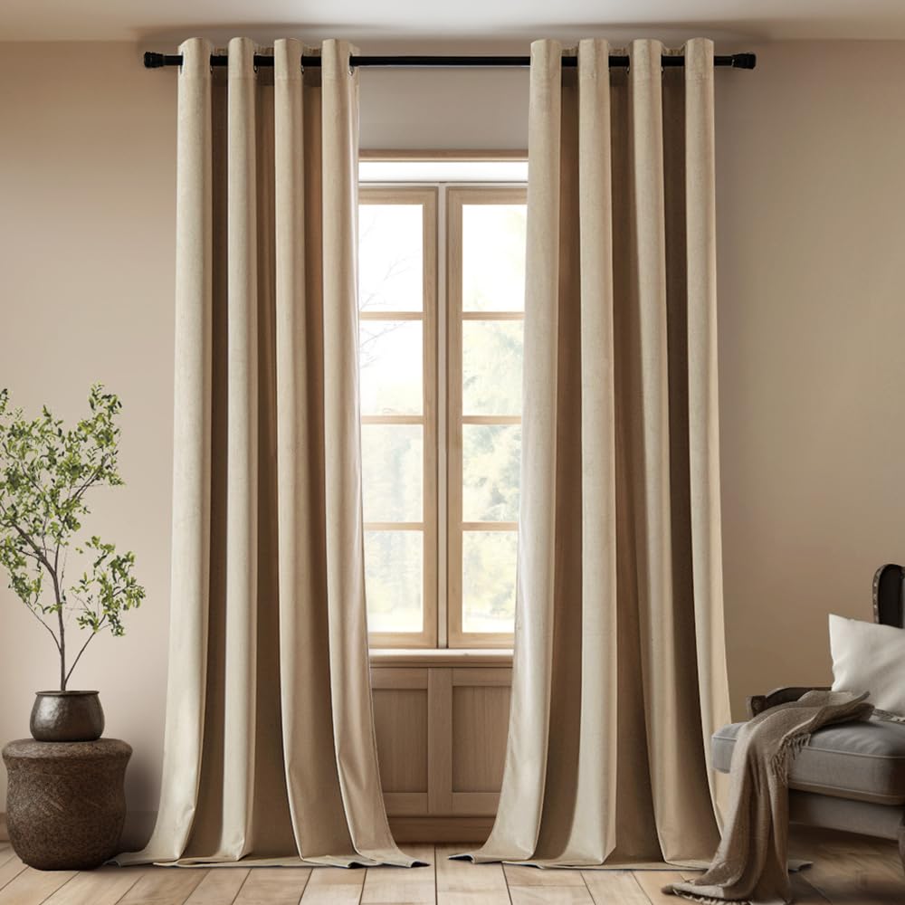 EMEMA Velvet Blackout Curtains 84 inches 2 Panels, Luxury Thermal Insulated Curtains for Bedroom, Grommet Soundproof Super Soft Elegant Window Drapes for Living Room W52 x L84 Camel Beige