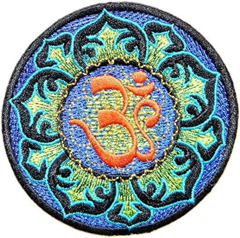 Aum Om Ohm Hindu Hinduism Yoga Indian Lotus Lucky Logo Sign Hippie Retro Biker Jacket T-shirt Vest Patch Sew Iron on Embroidered Badge Custom (blue)