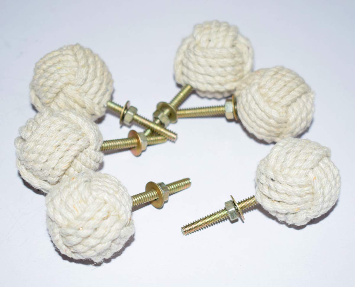 White Cotton Rope Door Knobs/Rope Knot Drawer Pulls and Knobs/Pull and Push Handle Knobs for Cabinets, Wardrobes & Cupboards/Nautical Hardware Decor,58 mm, Set of 6