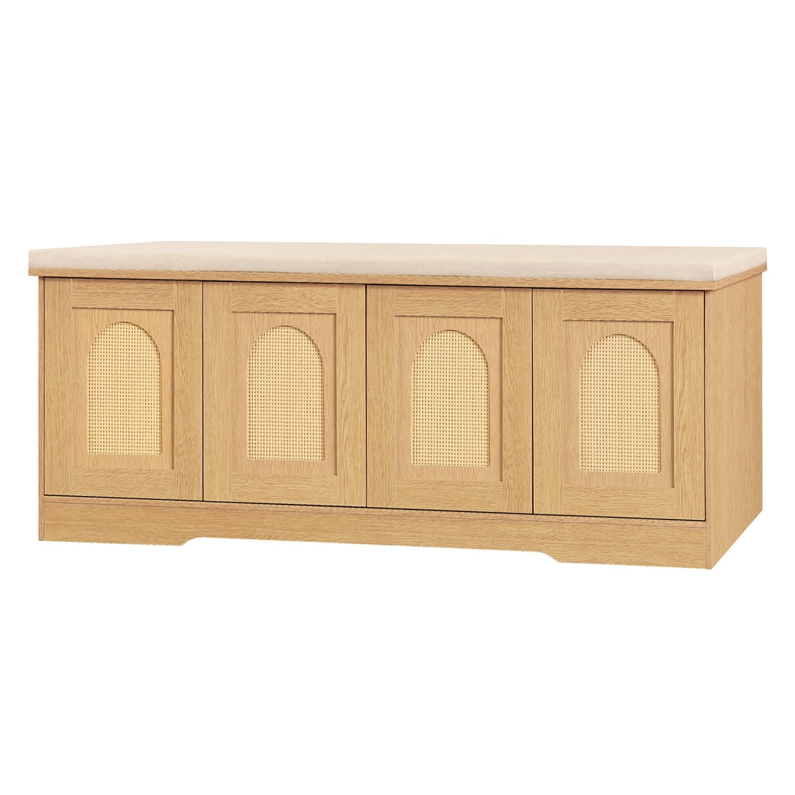 Photo 1 of DINZI LVJ Shoe Bench, Entryway Storage Bench with Doors, Cushion, 2-Tier Shoe Rack with 8-Cubby, 47.2”L x 13.8”W Shoe Organizer Cabinet, Adjustable Shelf, Living Room, Bedroom, Natural with Rattan