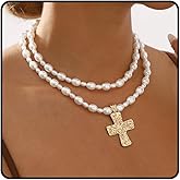 Chunky Gold Cross Necklace for Women Trendy Chunky Cross Pearl Pendant Necklace Layered Bold Pearl Crucifix Neck-laces Christian Religious Faith Jewelry Gifts for Her