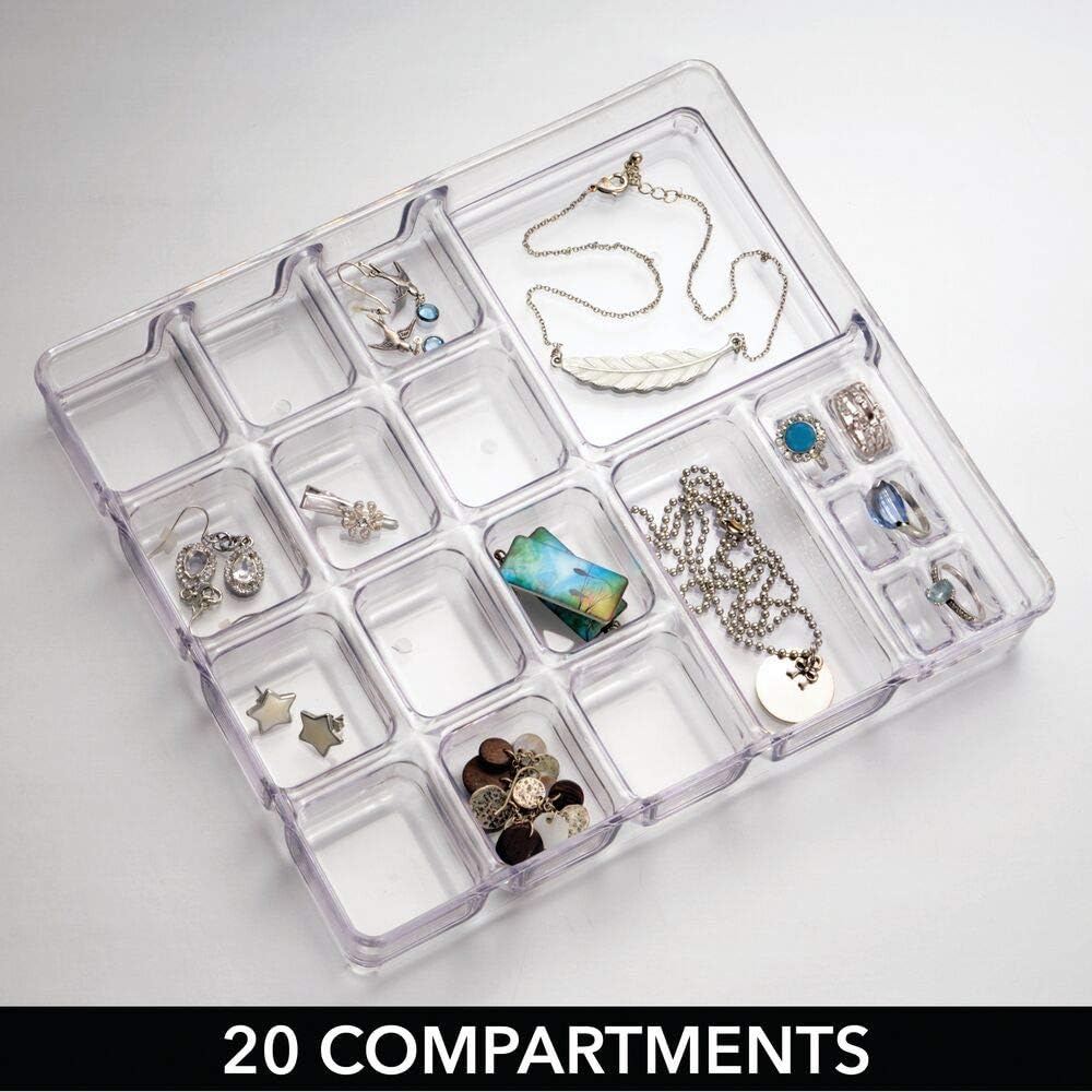 mDesign Stackable Plastic Storage Jewelry Box - 2 Organizer Trays with Lid for Drawer, Dresser, Vanity - Holds Necklaces, Bracelets, Bangles, Rings, Earrings - 3 Pieces - Clear: Home & Kitchen