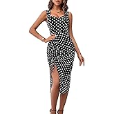 Floerns Women's Polka Dots Tank Dress Ruched Sweetheart Neck Slit Bodycon Midi Dresses