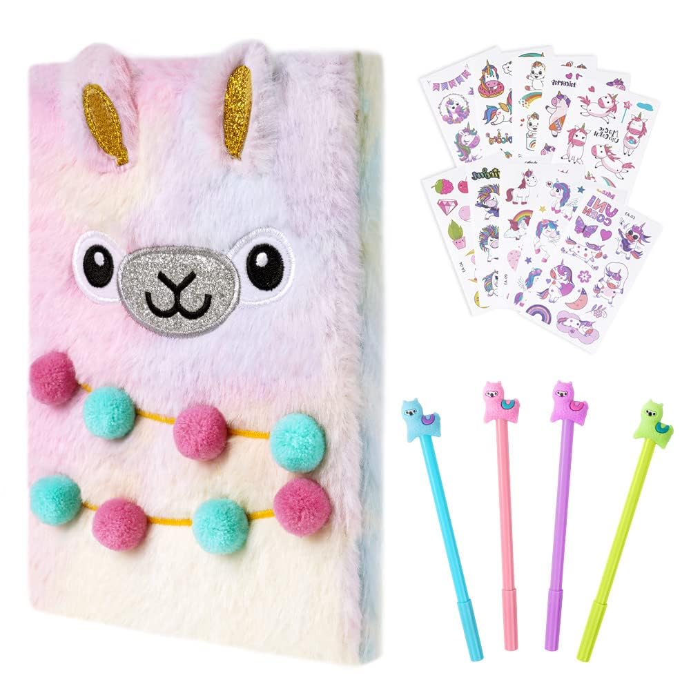 OFFCUP Plush Secret Diary, Plush Alpacas Notebook, Plush Girl Notebook Alpaca Plush Notebook Alpacas Journal Plush Mermaid Notebook with with 10 Tattoo Stickers and 4 Gel Pens