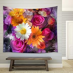 Closeup Still Life of White, Yellow and red Color Flowers - Fabric Wall Tapestry Home Decor - 51x60 inches