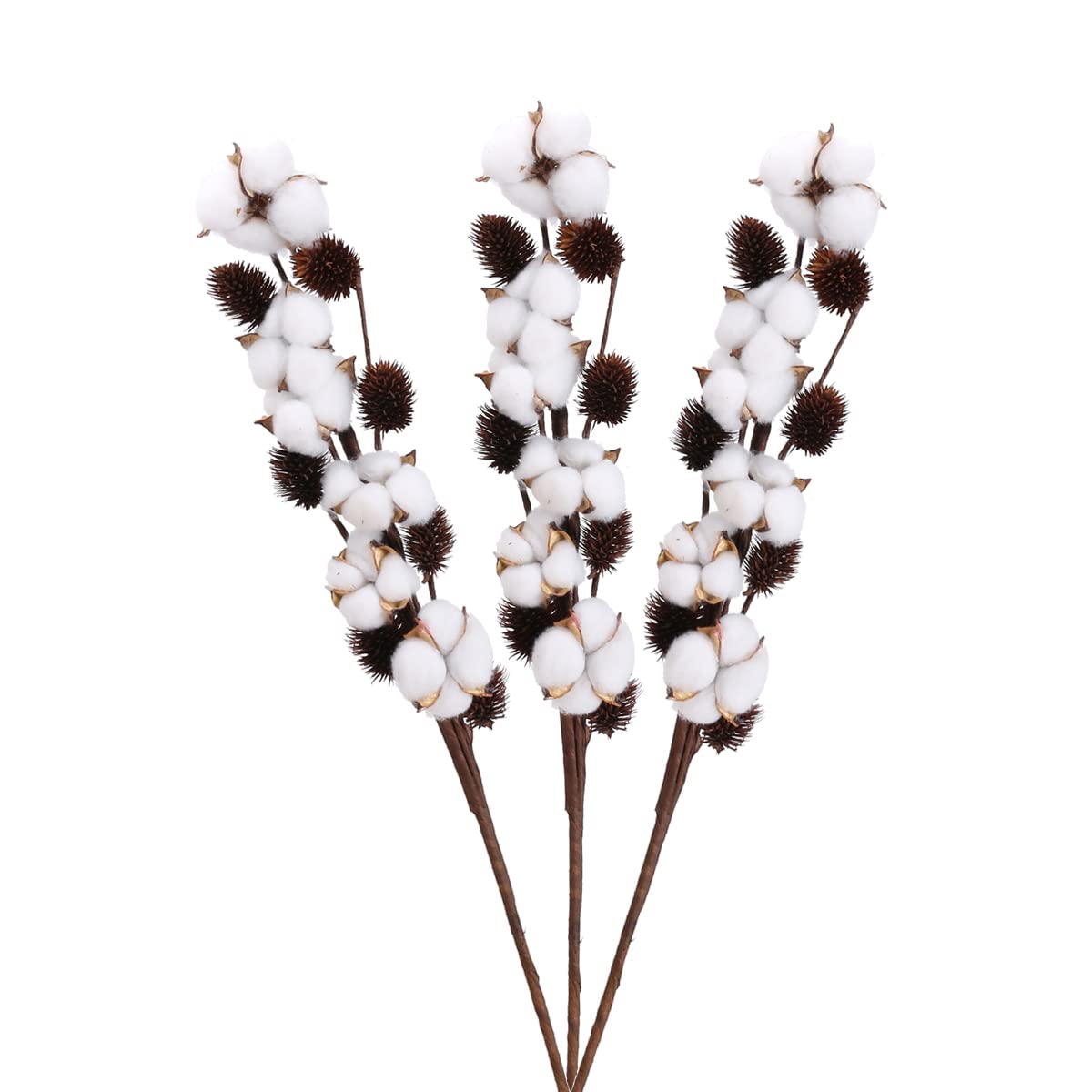 Ruiuzioong Natural Dried Cotton Stem Farmhouse Artificial Flower Filler Floral Arrangement DIY Home Party Decor (3pcs Prick Cotton)