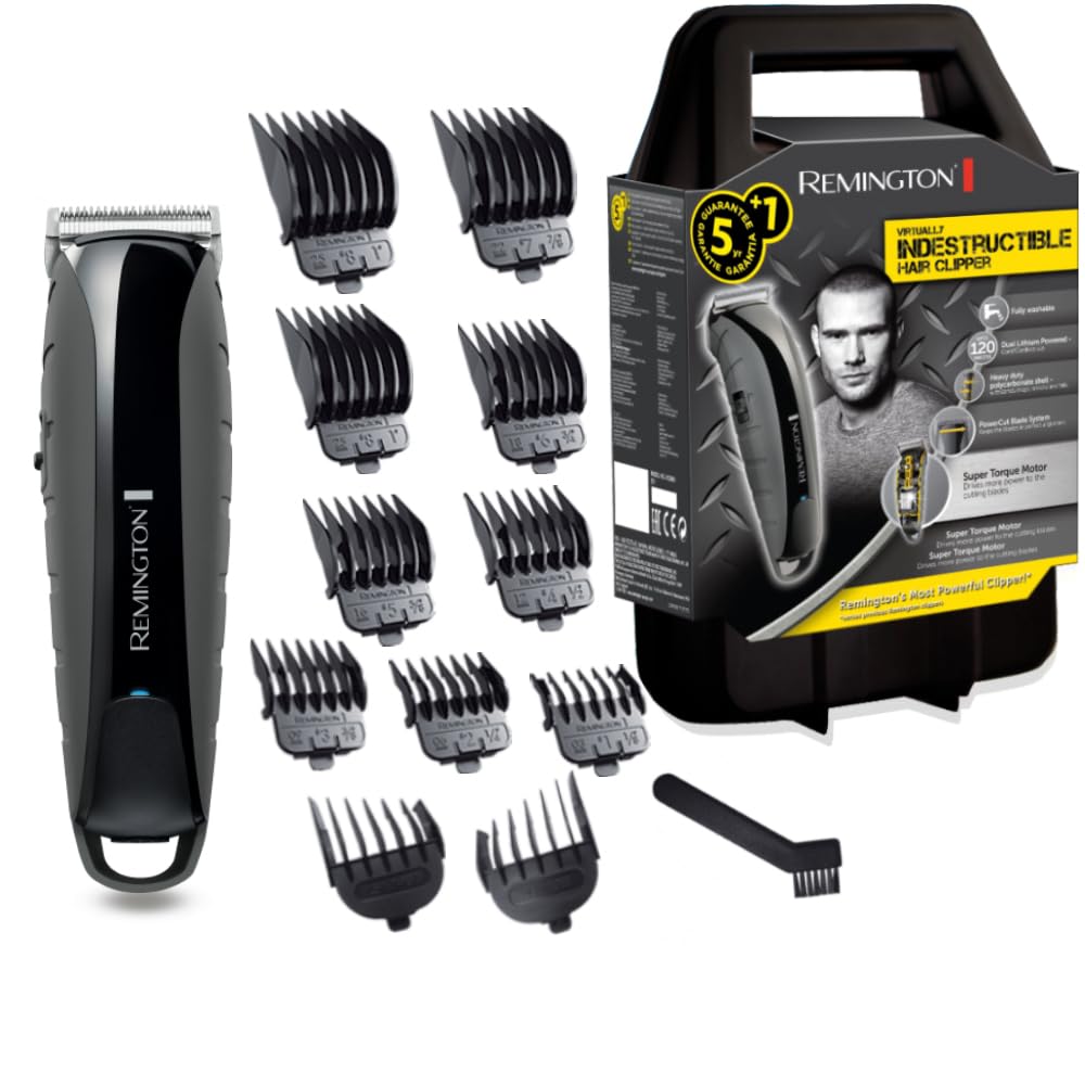 Remington Tagliacapelli Professionale - Struttura in policarbonato resistente e Motore Pro da 7,4 V - 11 pettini, funzionamento a rete-batteria, custodia, litio, Profi Indestructible HC5880