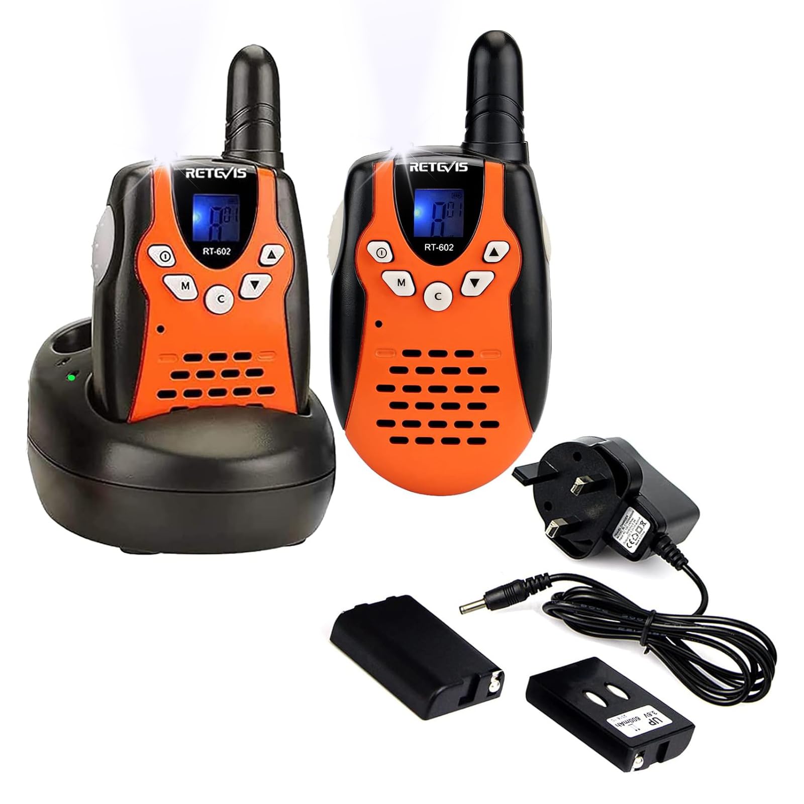 Retevis RT602 Walkie Talkies for Kids, Rechargeable Walkie Talkies with Charging Base, Rechargeable Battery, Toys with Flashlight, 8CH VOX, Funny Gifts for Games, Family, Camping (1 Pair, Orange)