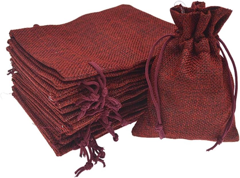 Bezall Small Burlap Bags, Linen Drawstring Gift Bags Jewelry Pouches Sacks for Wedding Party and DIY Craft, 20Pcs (Wine, 3.9 x 5.5")
