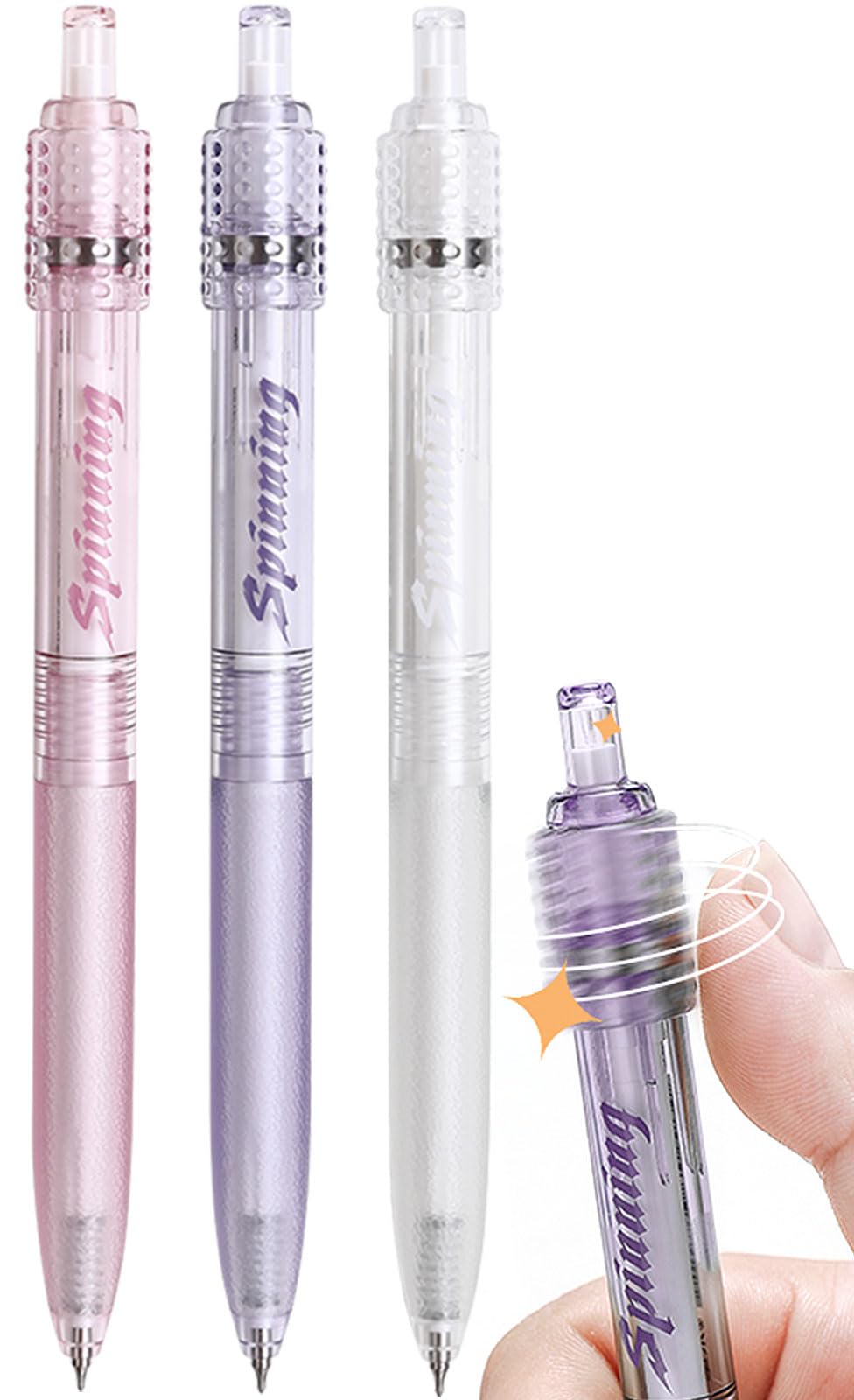 Archic Retractable Black Gel 0.5mm Rotary Ballpoint Pens Stress Relief Pack of 3 (Pink Purple White)