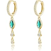 SLUYNZ 925 Sterling Silver Green CZ Marquise Dangle Earrings for Women Teens Bezel CZ Dangle Earrings Hoop