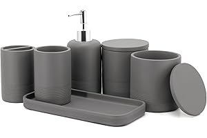 ZCCZ Grey Bathroom Accessory Set 6 Pieces - Organiser with Toothbrush Holder, Lotion Dispenser, Vanity Tray, Qtip Containers 