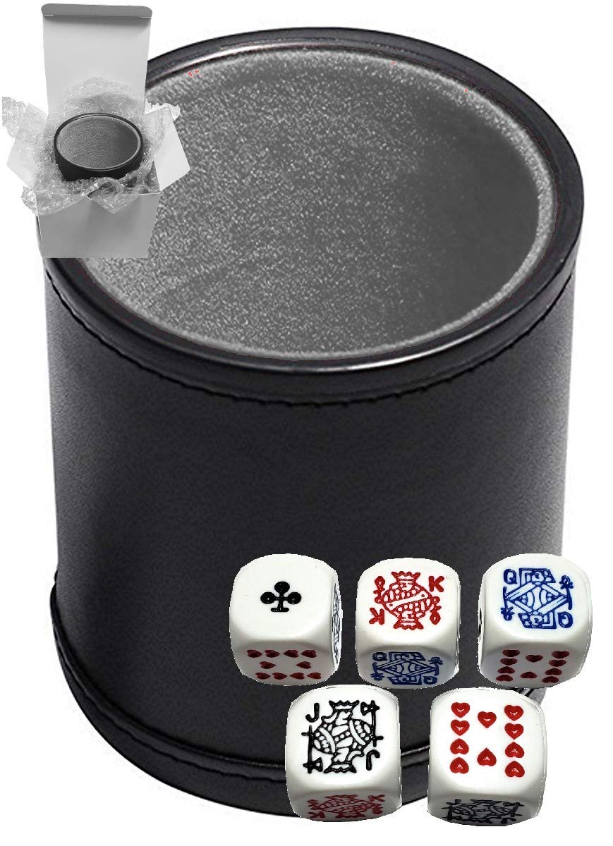 Set of 16mm Poker / Pip Dice Rounded Corners and Black PU Leather Dice Cup Plush Velvet Lined - Gift Boxed (Poker (Clubs Ace) White, Black/Grey Cup)