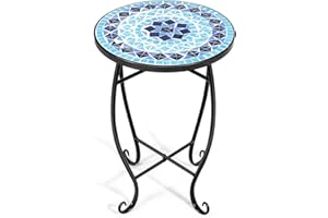 Giantex Outdoor Side Table, Mosaic Patio Table, 14inch Accent Table Plant Stand Indoor, Ceramic Tile Top Metal Frame, Small End Table Porch Beach Patio Garden Balcony Poolside