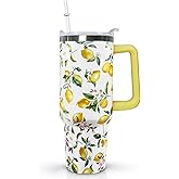 Ceovfoi 40 oz Lemon Print Stainless Steel Tumbler With Lid and Straw - Yellow Coffee Travel Mug Cup Water Bottle - Gifts for Lemon Lovers