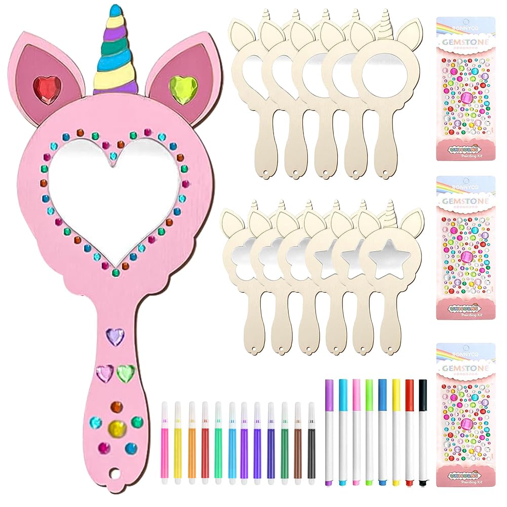 Ainiv 12 PCS Unicorn Craft Set - DIY Painting, Mini Wooden Princess Mirror, Creative DIY Mirrors for Holiday Decoration