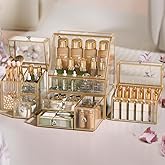 CoralHouse Tempered Glass Makeup Organizer – Clear Vanity Organizer with 18-Slot Lipstick Holder & Brush Organizer, Skincare and Perfume Storage for Dresser, Bathroom, and Countertop Use
