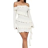 ISZPLUSH Women's Off Shoulder Ruffle Mini Dress Long Sleeve Flounce Dress Ruched Formal Cocktail Party Short Dresses